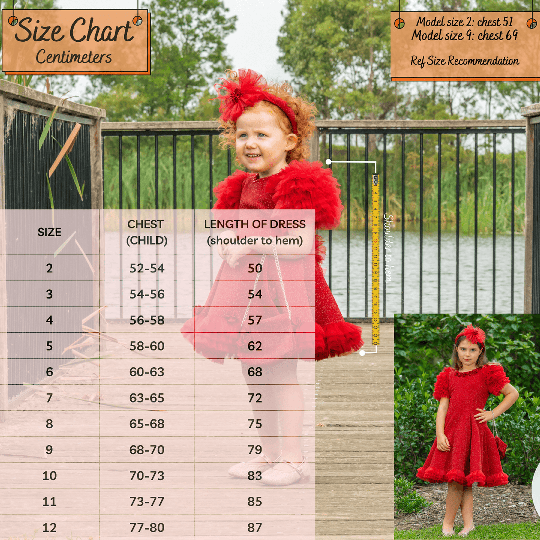 kids girls size chart - the red rose christmas dress